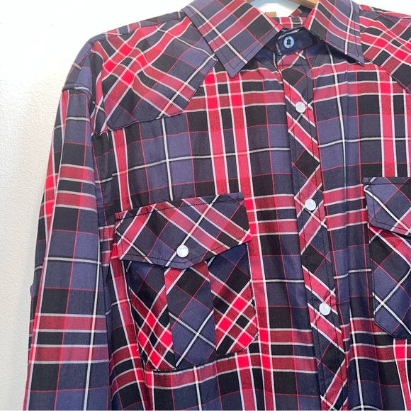 Western Pearl Snap Shirt Coevals Club Size M Red Blue Plaid Long Sleeve Shirt - Picture 3 of 7